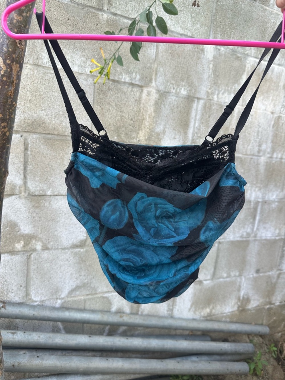 Lace-Trim Floral Cowl Neck Camisole in Teal Blue